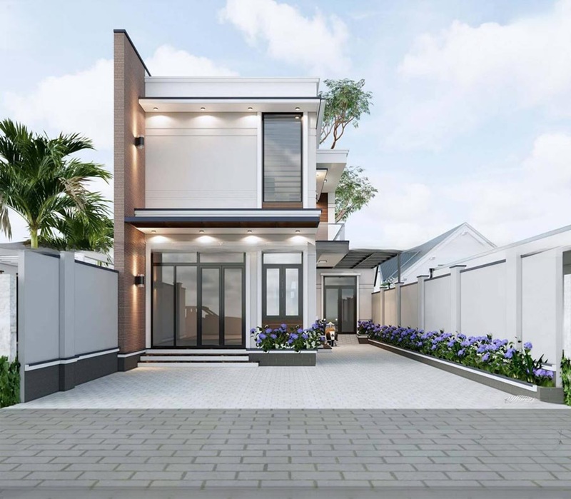 Thiết kế hiện đại với hệ thống đèn chiếu sáng mặt tiền kết hợp bồn hoa rực rỡ