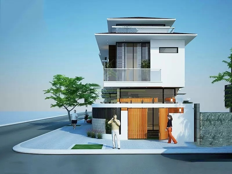 Mẫu nhà phố 2 mặt tiền với hệ cửa kính lớn và không gian ban công thoáng đãng