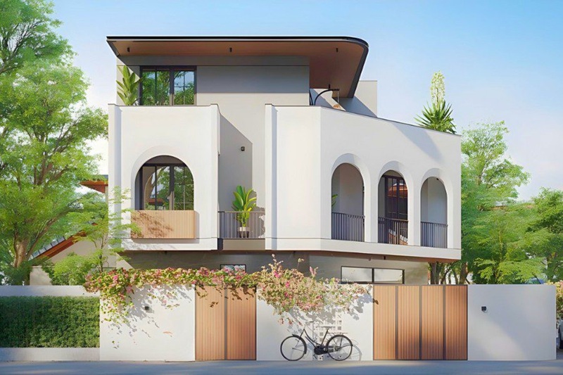 Nhà 2 tầng mang phong cách Địa Trung Hải tích hợp thiết kế giếng trời bên trong