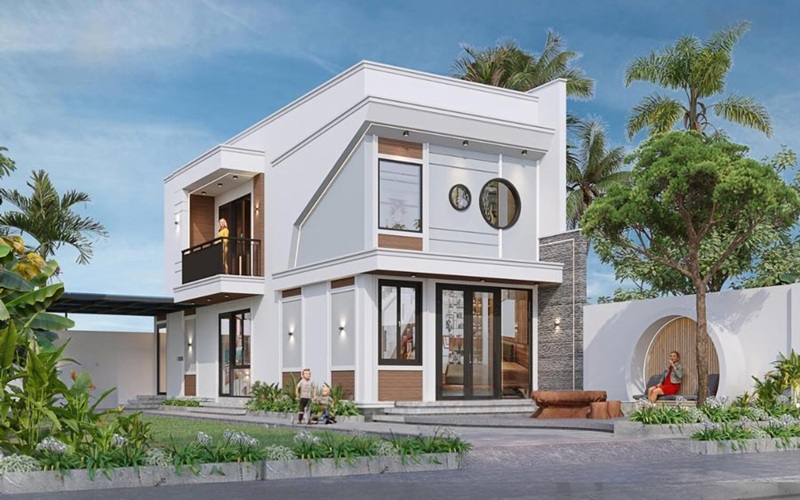 Nhà phố 2 tầng hiện đại phối hợp ô cửa sổ tròn độc đáo với diện tích cho 4 phòng ngủ