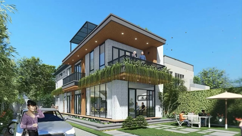 Thiết kế nhiều mảng xanh cùng vách kính cường lực lớn giúp không gian bừng sáng