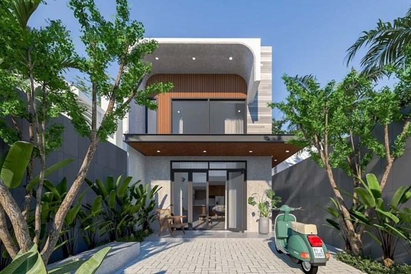 Nhà phố có thiết kế tối giản, tầng 2 tạo điểm nhấn bằng mảng tường vòm ốp gỗ