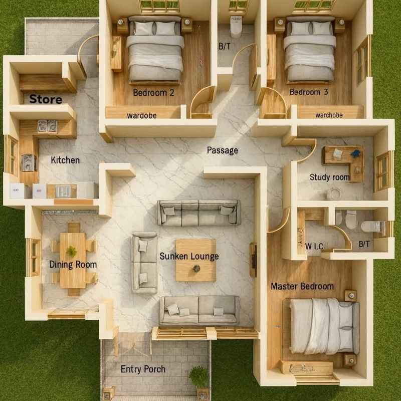 Bản vẽ 3D mặt bằng nhà phố 1 tầng có 3 phòng ngủ khoa học
