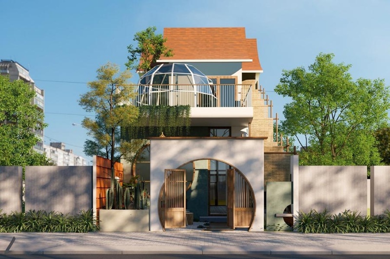 Mẫu nhà phố 5x20m thiết kế với vật liệu gỗ nâu trầm