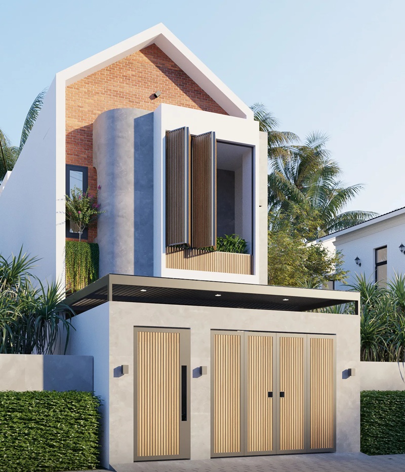 Mẫu nhà phố 3 phòng ngủ với chất liệu gạch cổ