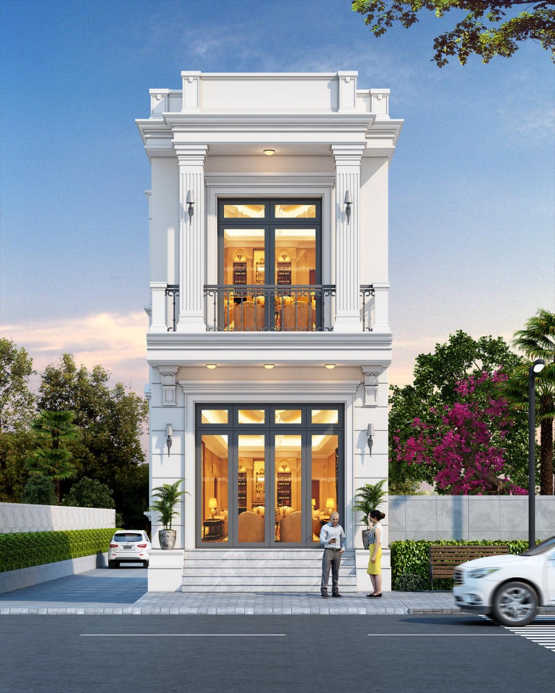 Nhà tân cổ điển thường dùng đường phào chỉ thanh mảnh, chạy dọc theo khung cửa
