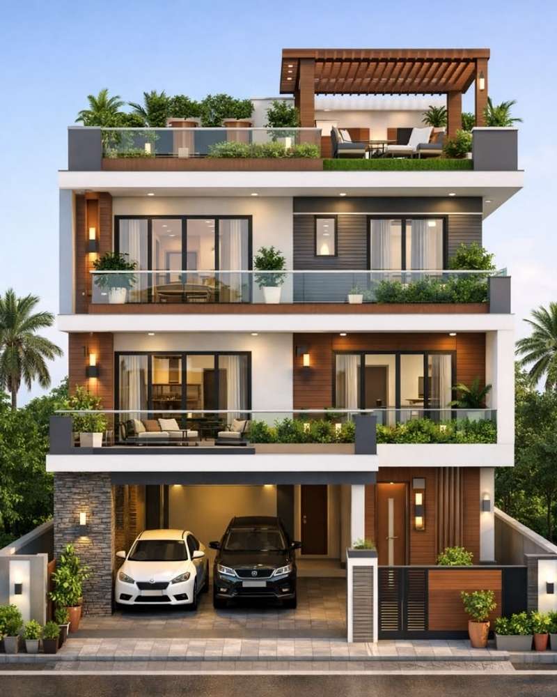 Mẫu nhà 3 tầng 1 tum có sân thượng xanh