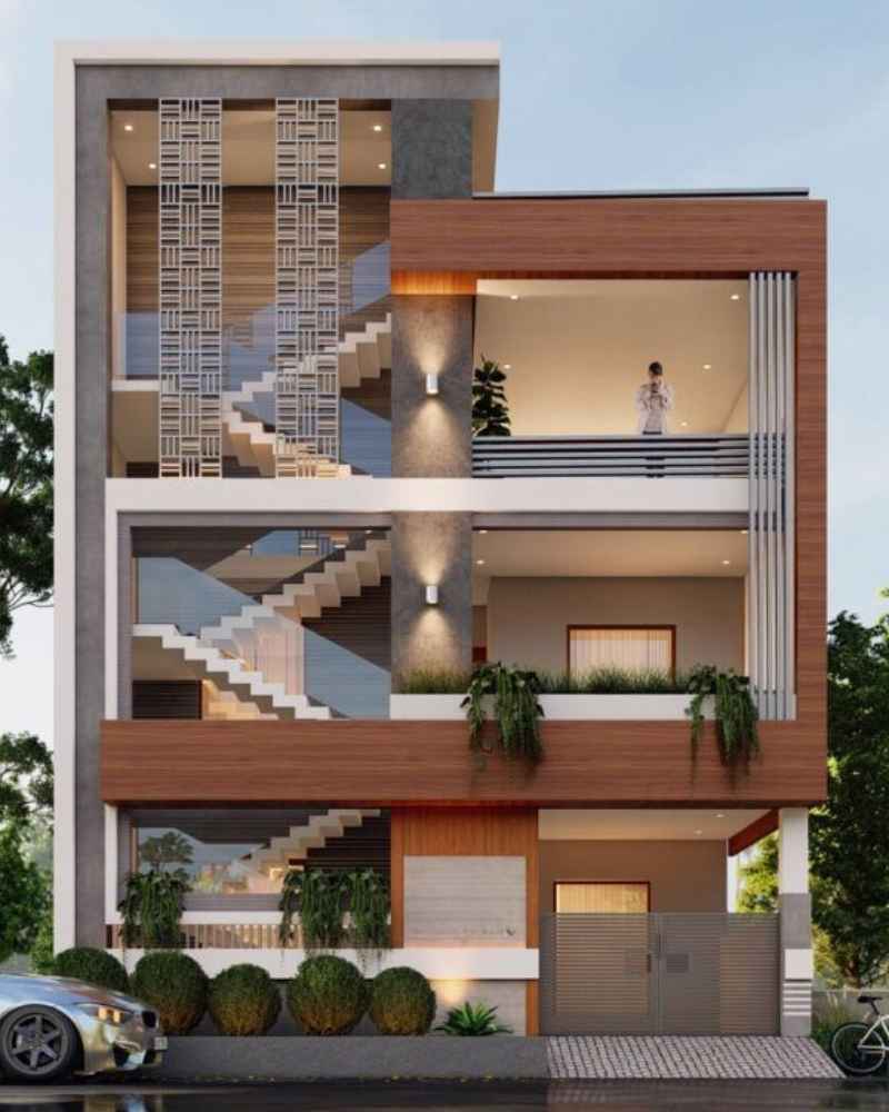 Nhà phố 3 tầng có cầu thang ngoài phong cách luxury