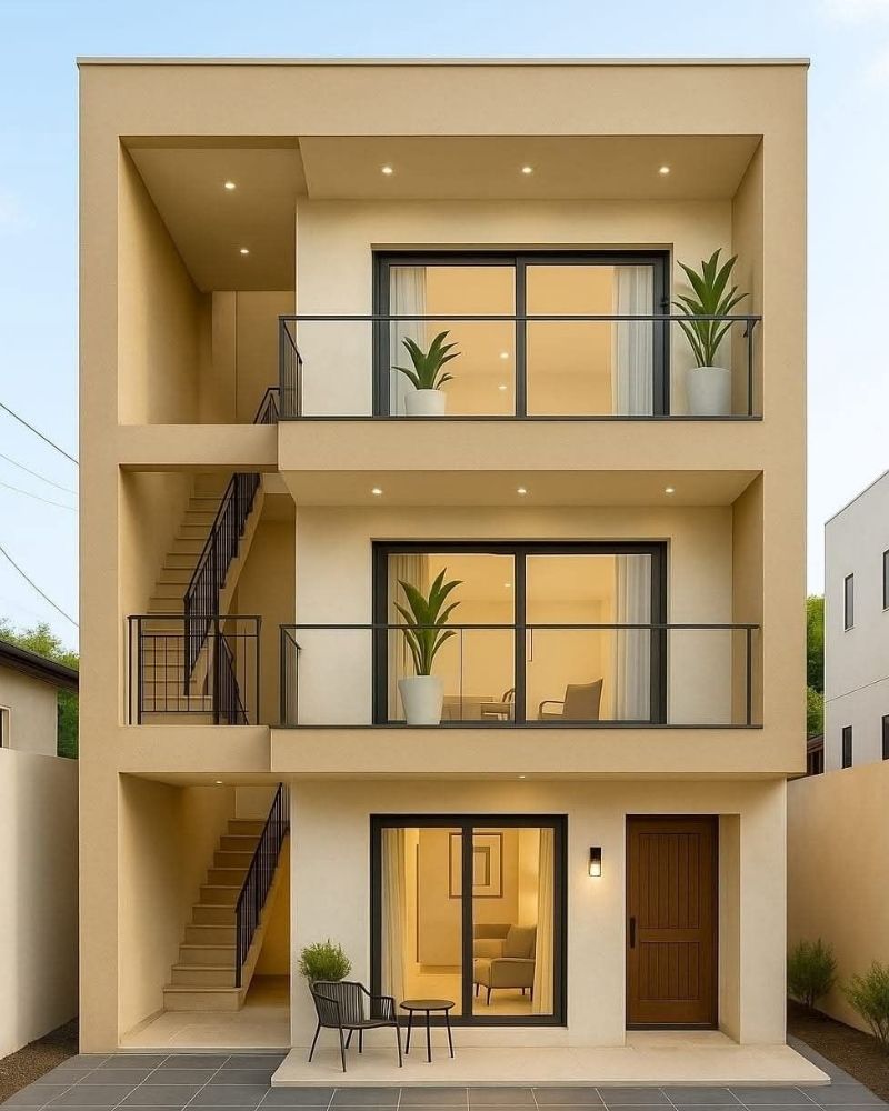 Mẫu nhà phố 3 tầng có cầu thang ngoài chữ L