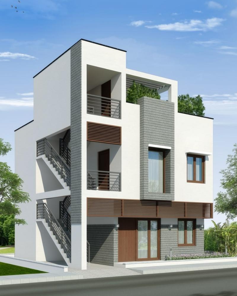 Mẫu nhà phố 3 tầng có cầu thang ngoài hiện đại