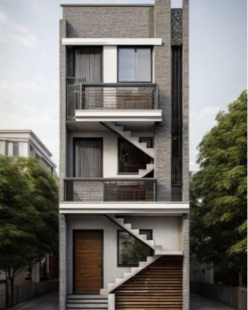 Nhà phố 3 tầng có cầu thang ngoài mái bằng hiện đại