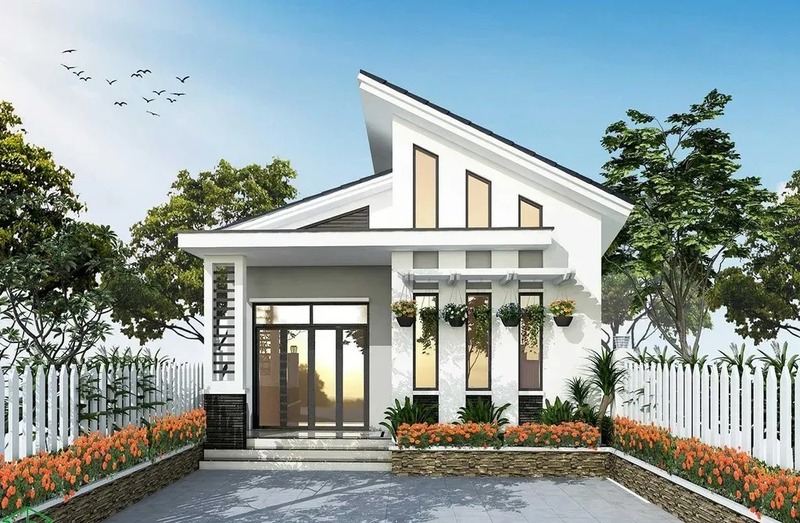 Nhà mái lệch hiện đại có sân trước và vườn hoa nhỏ xanh mát