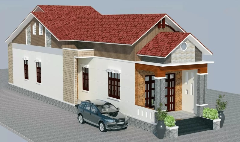 Mẫu nhà mái thái màu đỏ ấm cúng