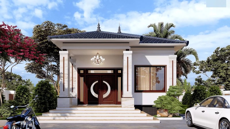 Mẫu nhà mái Thái đẹp với thiết kế mặt tiền cân đối và cao ráo