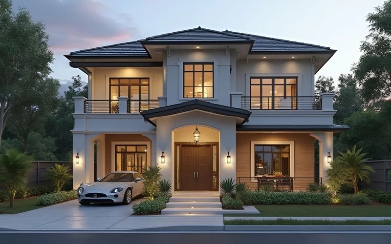 Mẫu nhà mái Nhật 2 tầng có mặt tiền hiện đại và hài hòa