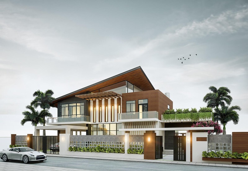 Mái lệch nhà phố hiện đại tạo điểm nhấn bằng hình khối bất đối xứng